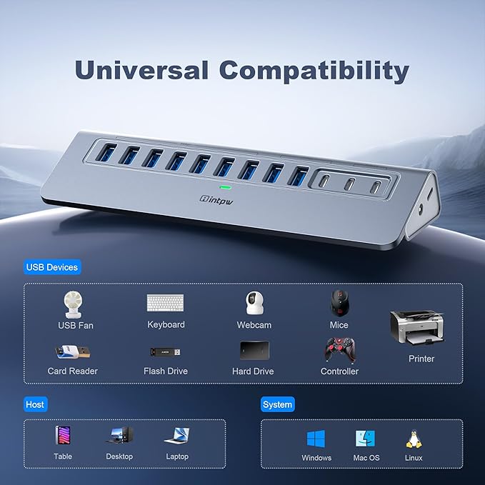 Powered USB Hub 10Gbps intpw YH9AC 12-Port USB Splitter with USB A/USB C 3.2 4 USB 3.0 2 PD 45W Charging Ports 65W Power Adapter + 3.3FT Cable Aluminum USB Extender Hub for Laptop/PC/iPhone 16/15