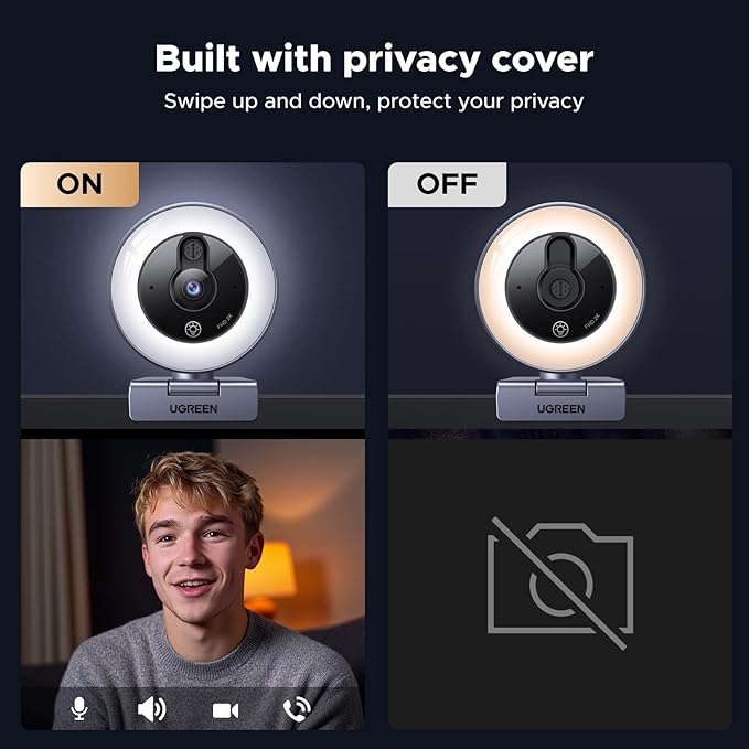 UGREEN 2K Webcam with 4-Level Ring Light Full HD Webcam for PC with Microphone Privacy Cover USB Web Camera Compatible with Switch 2 Streaming Conference Zoom Teams Computer/Laptop/MacBook