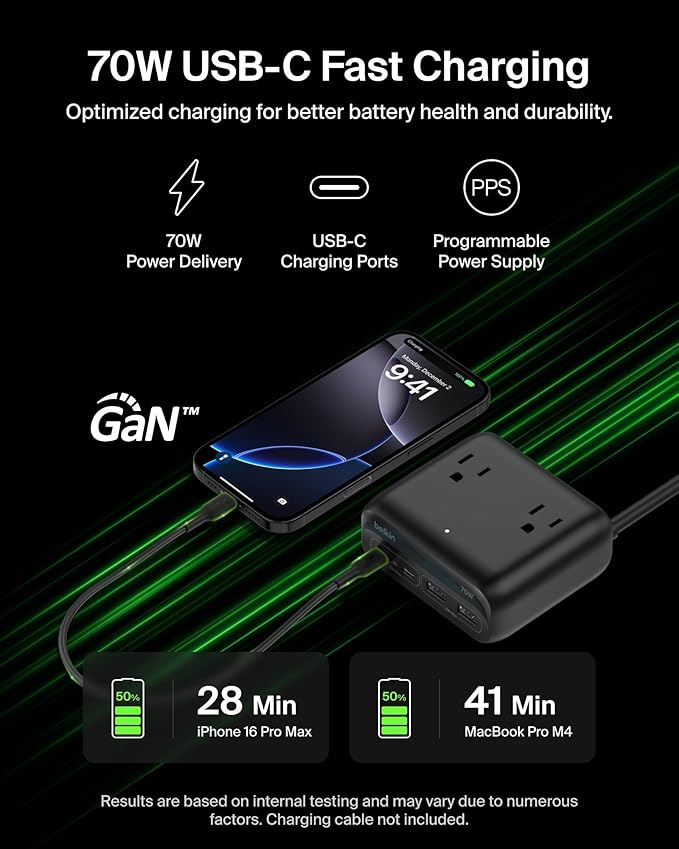 Belkin GaN Charging Station 70W 7-in-1 Dual USB C Charger w/ 3X AC Outlets 2X USB A Ports - Power Strip for iPhone Apple Watch iPad MacBook Chromebook Samsung Galaxy Pixel 10 &amp More - Bla