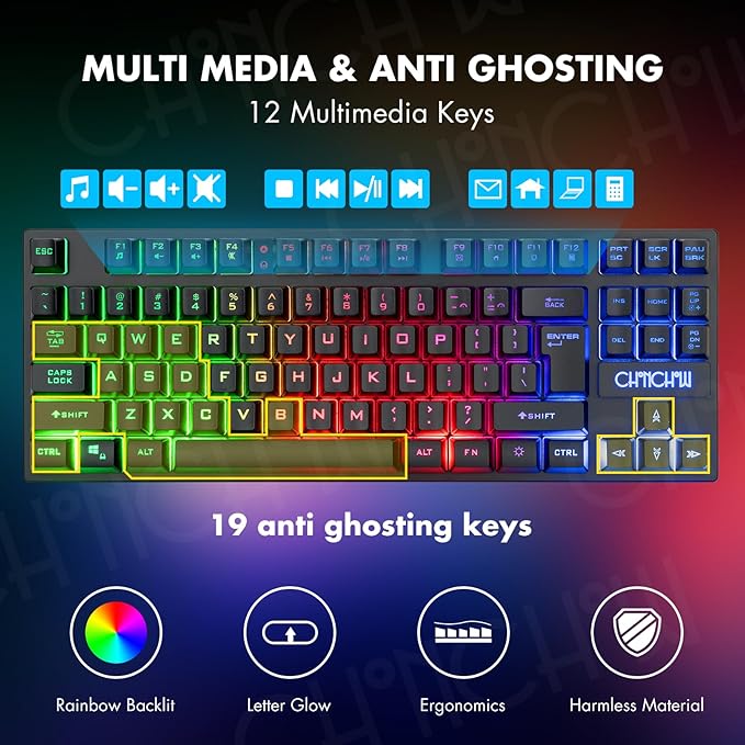 CHONCHOW Wireless Gaming Keyboard and Mouse Combo Rechargeable 87 Key LED Light Up Keyboard Ergonomic Gaming Mouse Backlit Wireless Mouse and Keyboard for Xbox PS4 PS4 PC Laptop