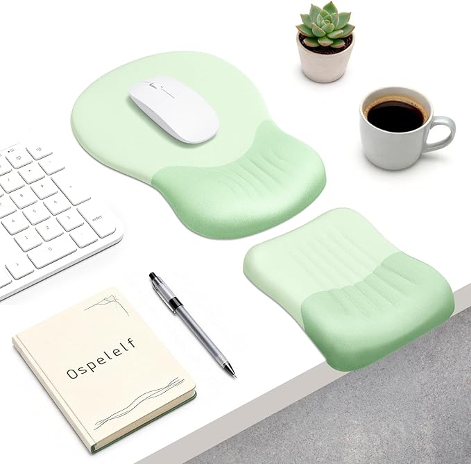 Ospelelf Mouse Pad with Wrist Rest Set Foam L-Shaped Desk Elbow Pad Ergonomic Desk Edge Cushion Anti-Slip Rubber Bottom Office Women Desk Accessories for Computer Laptop and Gaming Light Green