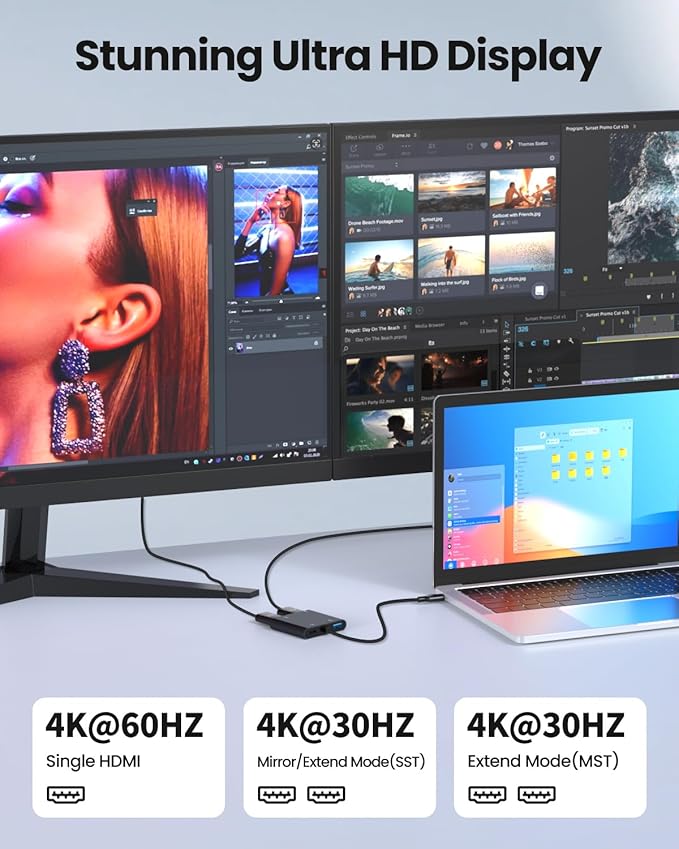 USB C to Dual HDTV Adapter Fophmo 4K@60Hz HDTV Splitter Extend Display for Dual Monitors macOS Only Allows Mirror Mode Windows Allows Multi-Monitor Display 3 Separate Screens for 100W PDUSB-A Port