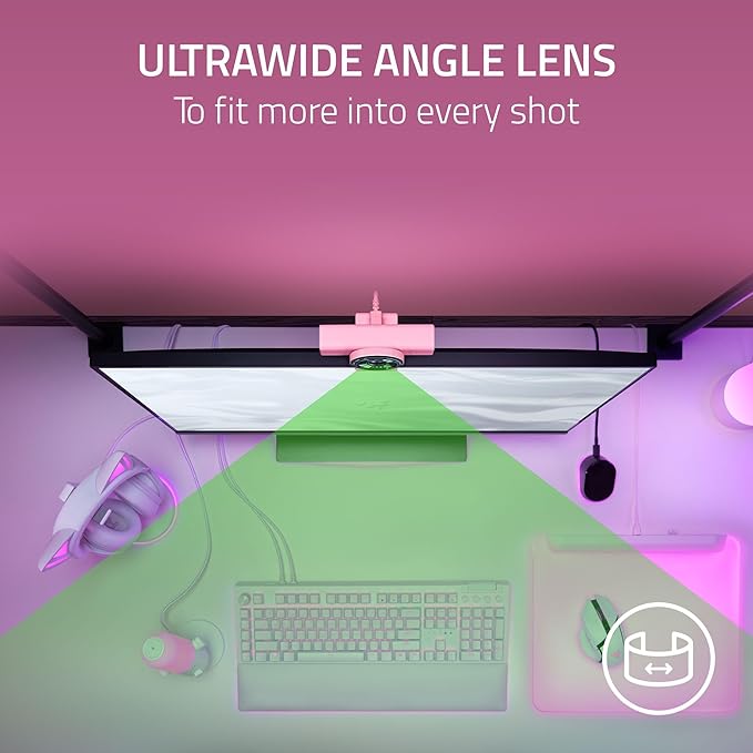 Razer Kiyo V2 Streaming Webcam: 4K 30 FPS 1080p 60 FPS - AI Powered Auto-Framing - Built-in Microphone - Ultrawide Angle Lens - Privacy Cover - Works with OBS Xsplit Discord Zoom Teams - Pink