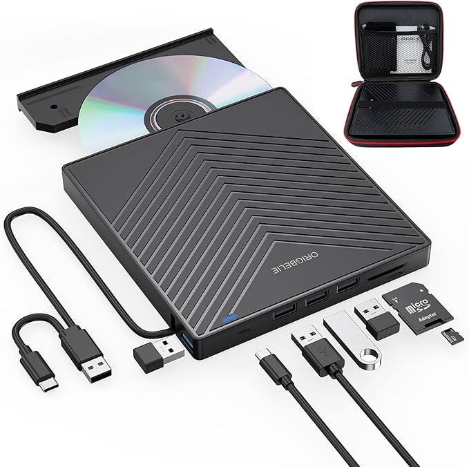External CD DVD Drive Ultra Slim CD Burner USB 3.0 with 4 USB Ports and 2 TF/SD Card Slots Optical Disk Drive for Laptop Mac PC Windows 11/10/8/7 Linux OS with Carrying Case