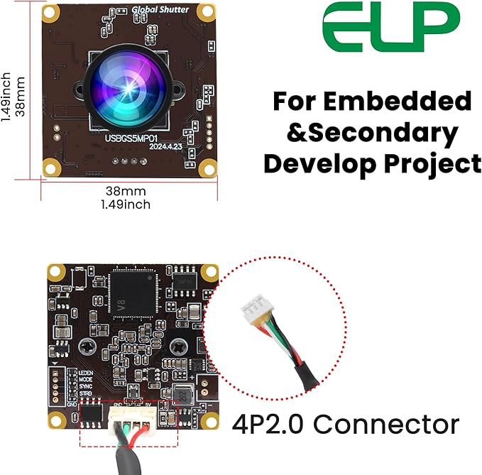ELP 5MP Global Shutter 50fps USB Camera Module for Computer UVC USB2.0 Lightburn Camera for Laser Engraver High Speed 60fps PC Cam Wide Angle Webcamera for Live Streaming (100°no Distortion Lens)
