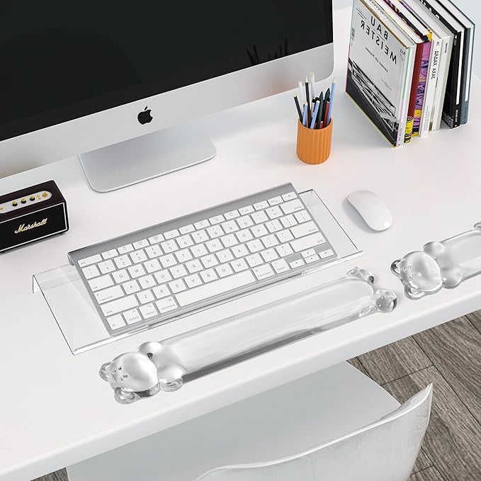 16.9inch Computer Keyboard Stand for Desktop Gel Keyboard Wrist Rest Set for Ergonomic Typing Comfort &amp Support for Office Work Gaming (Cute White Bear)