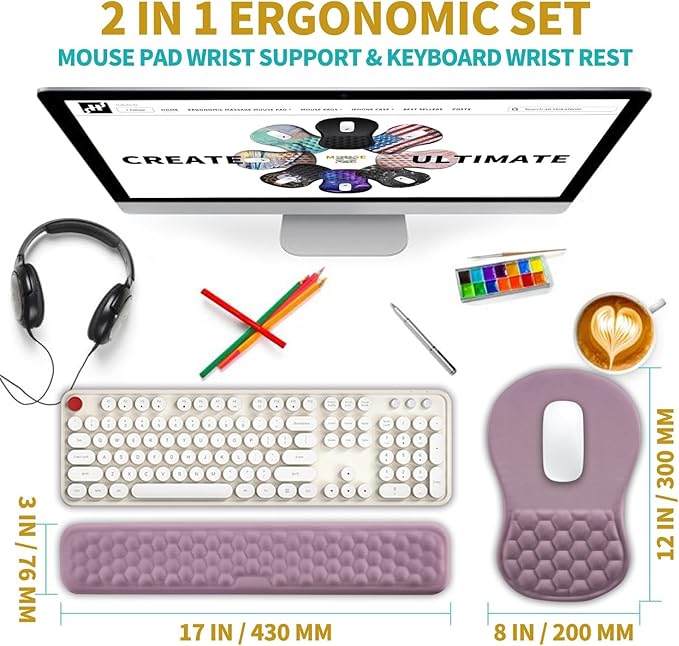 Hokafenle 2 in 1 Ergonomic Mouse Pad Wrist Support &amp Wrist Rest for Computer Keyboard Set with Relieve Carpal Tunnel Pain Massage Bulge and Full Memory Gel Design (2In1 Set Purple)