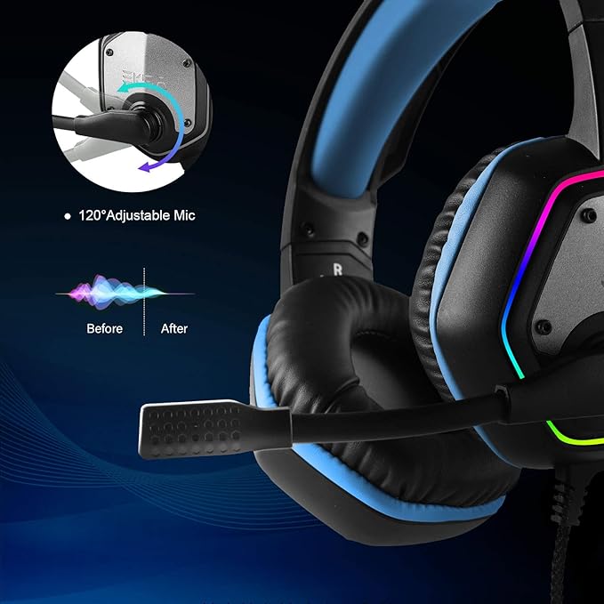 EKSA E1000 Gaming Headset Computer Headphones with Noise Canceling Mic &amp RGB Light 7.1 Surround Sound Compatible with PC PS4 PS5 Console Laptop (Blue)