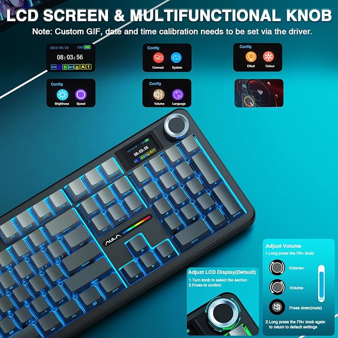 AULA F108 PRO - Wireless Mechanical Keyboard with Screen &amp KnobFull Size Keyboard with 8000mAh BatteryPre-lubed SwitchesSide Printed PBT KeycapsRGB Backlit Hot Swappable Custom Gaming Keyboard