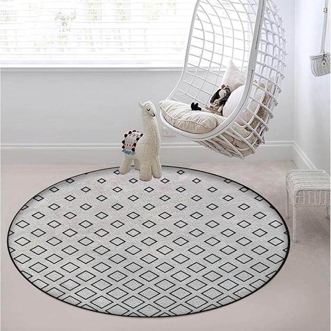 Abstract Rug Round Carpet Trendy Area Rugs Non Slip Soft Floor Carpet Cozy Bath Mat for Indoor Bedroom Living Room Bathroom Floor Mat Geometric Vertical Square ShapedBlack White Diameter 35.5 in