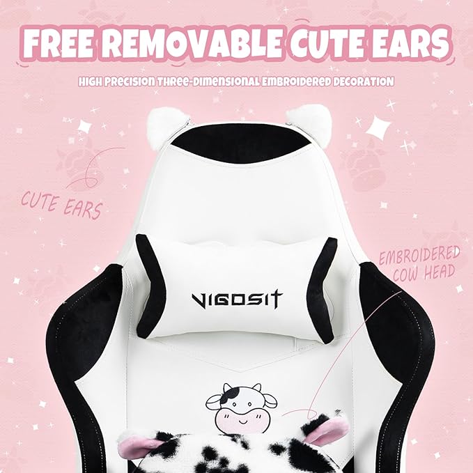 Gaming Chair with Cute Ears &amp Cow Lumbar Pillow Ergonomic Racing Style Computer Chair with Footrest Reclining High Back PU Leather Video Gamer Chairs for Girls &amp Kids &amp Adults (White+Bla