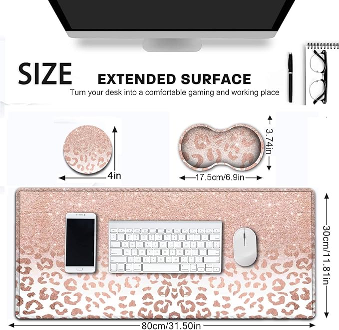 JVGFYNKL Pink Large Mouse Pad Extended Office Desk Pad 31.5x11.8in Ergonomic Memory Foam Mouse Wrist Rest Support for Home Office Computer Writing Pad Pink Leopard XXL Gaming Mouse Mat