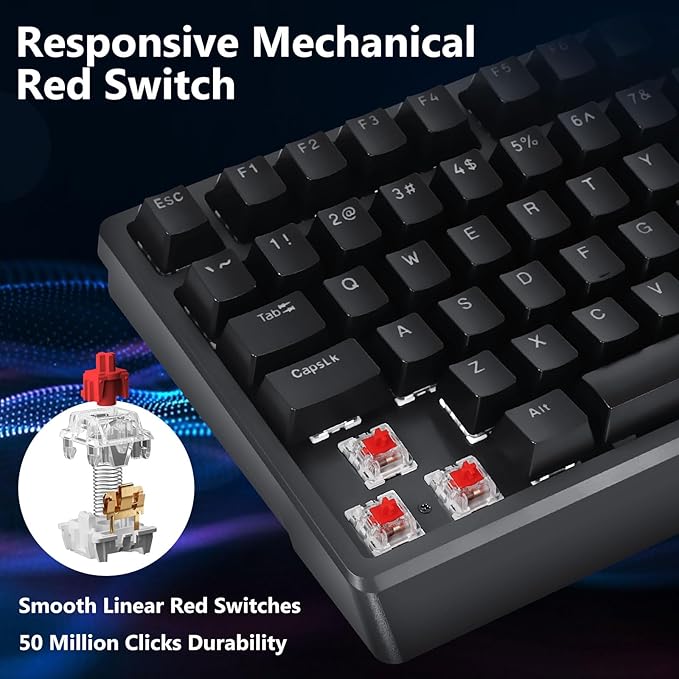 HUO JI Mechanical Gaming Keyboard Wired 17 LED Backlit Modes Liner Red Switch Volume Knob Anti-Ghosting Double-Shot Shine Through Keycaps 96% Light Up Keyboard for PC Mac