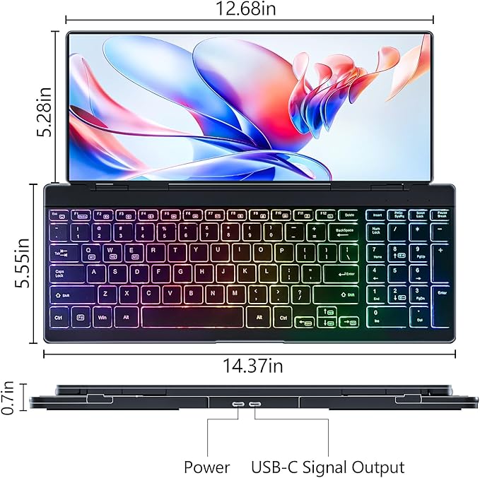 Portable Touchscreen Monitor with Silent Keyboard 12.8-inch Ultra-Slim Stretched Bar Screen Folding FHD 120% sRGB USB-A/C Compatible Screen for Computers Laptops Mini PCs Console