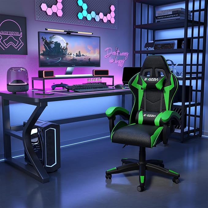Bigzzia Gaming Chair with Heated Cushion Ergonomic Video Game Chairs with Pillow and Lumbar Support Racing Style Height Adjustable Computer Chair with 360°-Swivel Seat for Adults (Green)