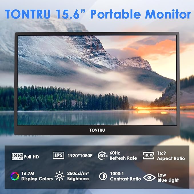 Portable Monitor 15.6 FHD 1080P IPS Screen with Low Blue Light Dual Speakers &amp 3.5mm Audio Jack Adjustable Stand USB-C/HDMI Compatibility for Laptop PC Phone Gaming Console