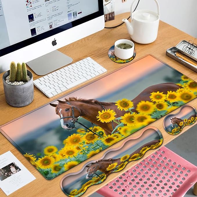 Extended Gaming Mouse Pad 31.5x11.8 Big Desk Mat Ergonomic Memory Foam Keyboard Wrist Rest Support for Home Laptop Office Desk Pad with Non-Slip BaseSunflower &amp Horse Pattern Large Mouse Pad