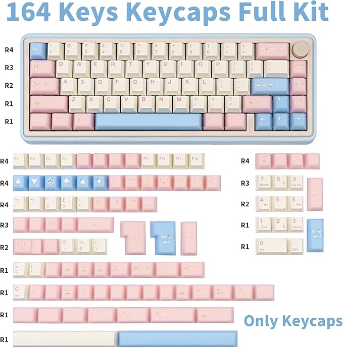 PBT Keycaps Cute Custom Keyboard Pink Keycaps 60 75 100% Double Shot 164 Keys Transparent Set for Cherry Gateron MX Switches Pink White Blue