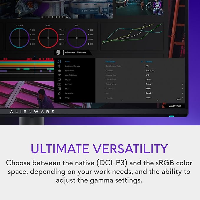 Alienware 27 4K Dual-Resolution Gaming Monitor - AW2725QF - 4K at 180Hz and FHD at 360Hz 0.5ms GTG 1ms GTG (Extreme Mode) VESA AdaptiveSync NVIDIA G-SYNC Compatible HDMI/DP/USB 3.2 Gen1 - Black