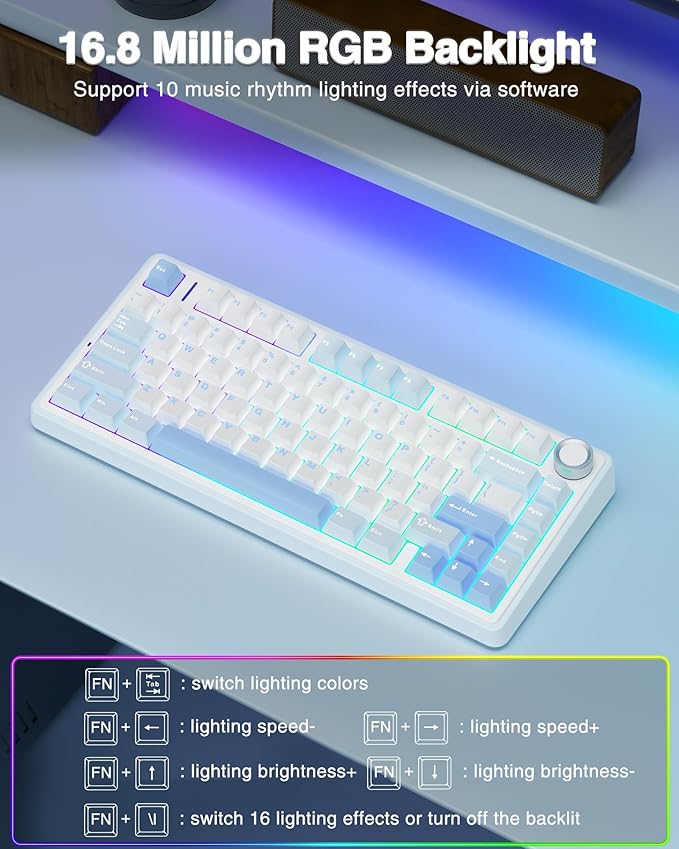 AULA F75 75% Wireless Mechanical Keyboard Hot Swappable Creamy Keyboard Pre-lubed Greywood Switches RGB Backlit Gaming Keyboards 2.4GHz/Type-C/BT5.0(Salt White Blue)