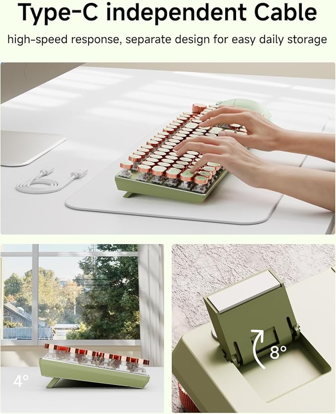 EWEADN Typewriter Style Mechanical Keyboard Wired Typewriter Keyboards104 Keys Backlit LED Metal Keyboards Media Control Knob Wired Computer Keyboard Pink Switch for Windows/Mac/PC-Green