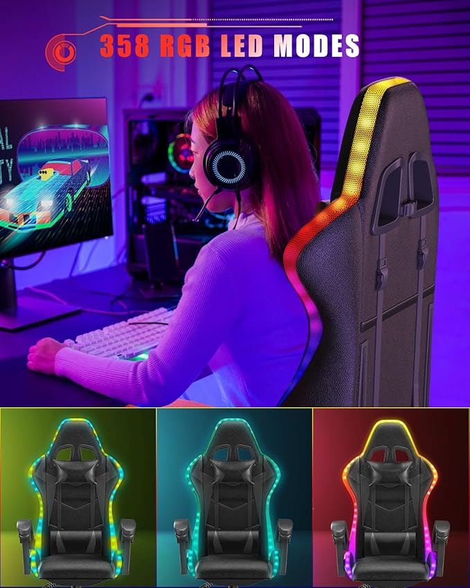Gaming Chair with RGB LED Lights Ergonomic Computer Chair with Headrest and Lumbar Support PU Leather High Back Height Adjustable Swivel Video Game Chairs for Adults(Black)