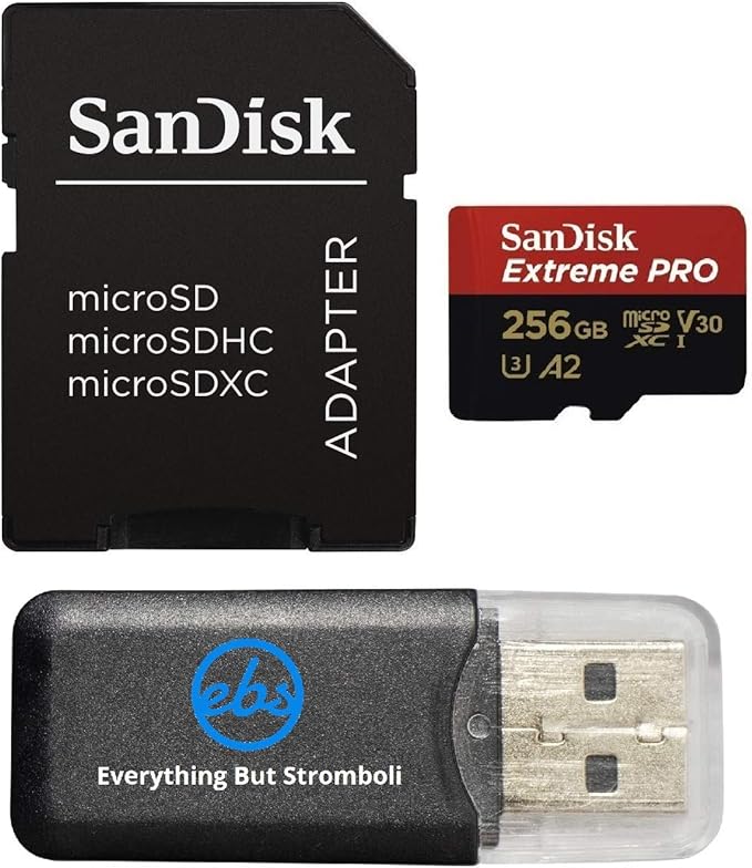 SanDisk 256GB Extreme Pro MicroSDXC Card Compatible with DJI Avata 2 Mini 4K Drones (SDSQXCD-256G-GN6MA) with Read Speed up to 200 MB/s Bundle with 1 Everything But Stromboli MicroSD Card Reader