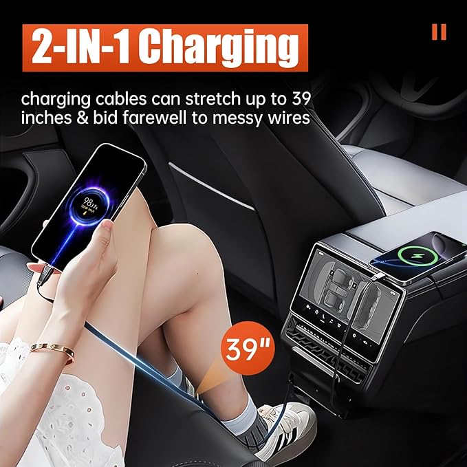 USB Hub for Tesla Model Y Juniper 2025 2026 Model 3 Highland 2024 2025 120W Dual Type-C Rear Vent Air Outlet Expansion Cover Fast Charger Center Console Docking Station with Retractable Cable