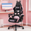 Black Gaming Chair with Cat Ears and Cat Paw Lumbar Cushion Cute Ergonomic Gaming Computer Desk Chair with Footrest and Linked Armrests Comfortable PU Leather Game Chair for Girls and Adults