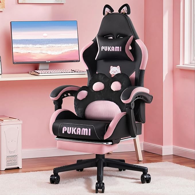 Black Gaming Chair with Cat Ears and Cat Paw Lumbar Cushion Cute Ergonomic Gaming Computer Desk Chair with Footrest and Linked Armrests Comfortable PU Leather Game Chair for Girls and Adults