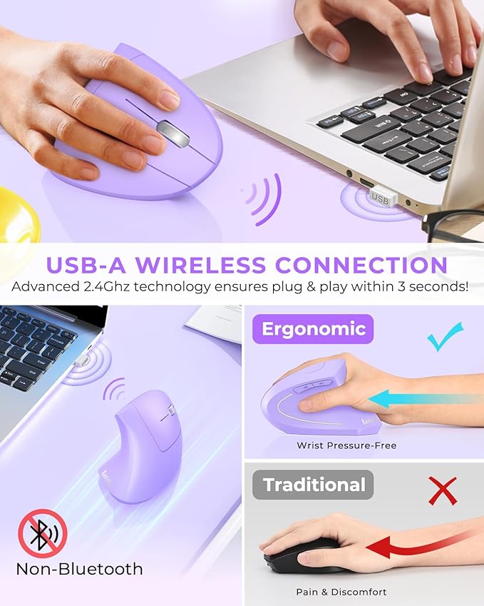 Lekvey Ergonomic Mouse Vertical Wireless Mouse Rechargeable 2.4G Optical Carpal Tunnel Mice with USB Receiver: 1000/1200 / 1600 DPI 6 Buttons for Laptop Computer PC Desktop Light Purple