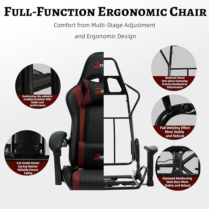 Ergonomic Gaming Chair with Footrest and Lumbar Massage Racing Office Chair High Back Computer Desk Chair with Headrest Pillow for Adults Video Game Chair for PC Gamer (1001-Red)