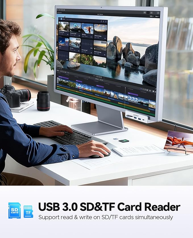 ORICO USB Hub 3.2 USB-Hub Clamp with Type-C PD 60W Port 10Gbps Aluminum 6-Port USB Extender with 2 USB-A 3.2 Ports USB-C 3.2 SD/TF Card Reader 3.0 AUX USB-3.2 Splitter for Monitor Desk