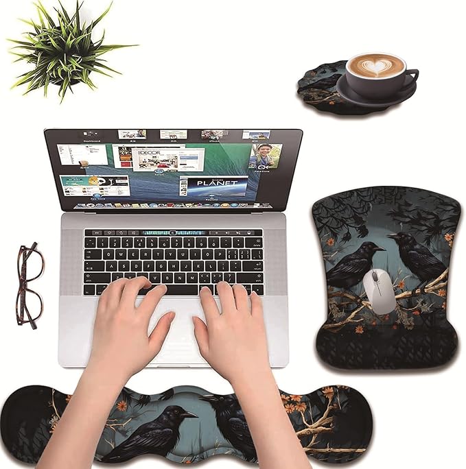 3 in 1 Keyboard Wrist Rest + Mouse Pad and Coaster Ergonomic Gel Mouse Pad and Keyboard Pad Set Comfortable Lightweight for Easy Typing Pain Relie Branch Crow