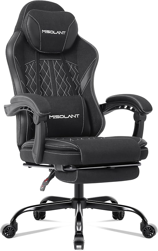Misolant Gaming Chair Fabric Gamer Chair with footrest for Adults High Back Ergonomic Computer Game Chair with Adjustable Headrest and Massage Lumbar Support 90-155° Recline FreeBlack