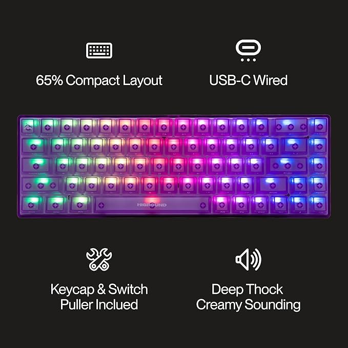 Higround Crystal Amethyst Basecamp 65% Mechanical USB Wired Gaming Keyboard White Flame Switches Programable RGB Transparent/Translucent Hot-Swappable Deep Thock Creamy Sounding PC Keyboard