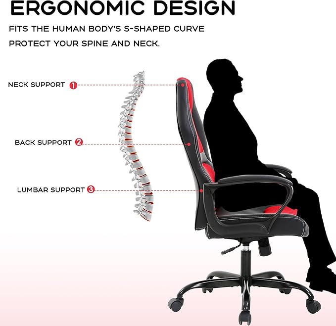 MKDLUFEI Video Game ChairErgonomic Office Chair Desk Chair and Lumbar Support PU Leather Recliner with HeadrestHeight Adjustable Computer Chair for Adults (RED)