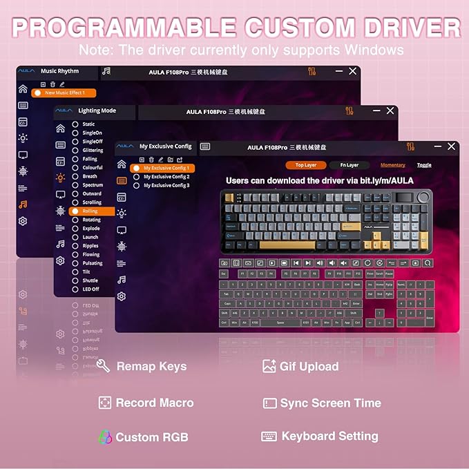 AULA F108 PRO - Wireless Mechanical Keyboard with Screen &amp KnobFull Size Keyboard with 8000mAh BatteryPre-lubed SwitchesSide Printed PBT KeycapsRGB Backlit Hot Swappable Custom Pink Keyboards