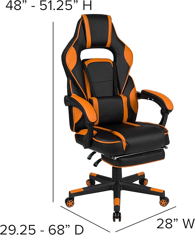 EMMA + OLIVER Black/Orange Ergonomic Gaming Chair -Recline Back/Arms Footrest Massaging Lumbar