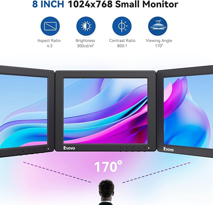 Eyoyo 8 Inch Small Monitor 1024x768 4:3 IPS Mini Security Camera Monitor Screen Support HDMI VGA AV BNC Input with Remote Control Video Monitors for Retro Computer PC NVR CCTV Raspbery Pi