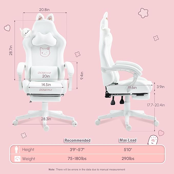 Dowinx Gaming Chair Cute with Cat Ears and Massage Lumbar Support Ergonomic Computer Chair for Girl with Footrest and Headrest Comfortable Reclining Game Chair 290lbs for Adult Teen White