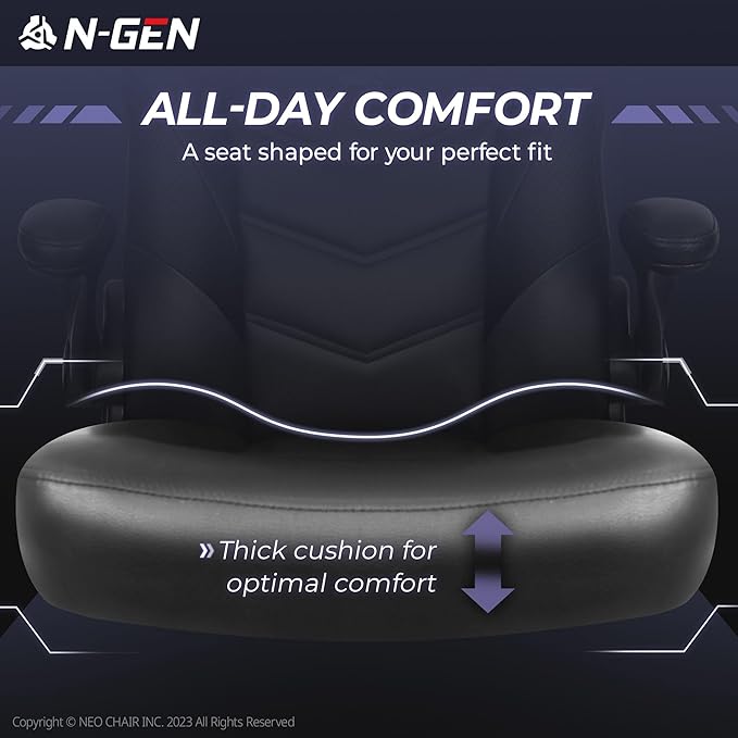 N-GEN Video Gaming Computer Chair Ergonomic Desk Office Chair for Adults with Lumbar Support Flip-Up Arms Adjustable Height Swivel Wheels PU Leather Executive Design for Home and Office (Jet Black)