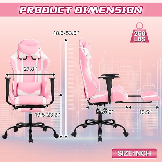 Ergonomic Gaming Chair - Reclining Computer Chair with Lumbar Support &amp Headrest Pillow Adjustable Footrests 90-135° Recline for Home Office &amp Gaming Heavy Duty 250lbs Capacity Pink