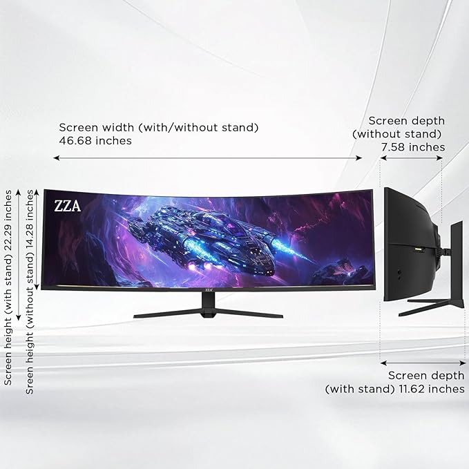 ZZA 49 Inch Ultrawide Curved Gaming Monitor 120Hz DQHD 5120x1440P 1500R Ultra-Wide 32:9 Screen 1ms MPRT HDR FreeSync G-Sync Compatible VESA Compatible Height/Tilt Adjustable