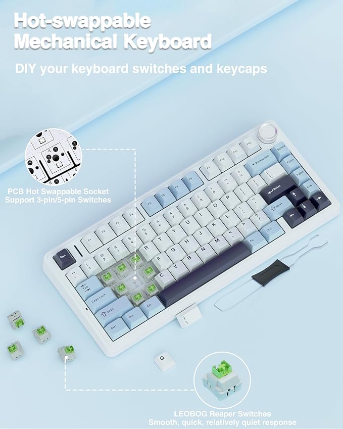 AULA F75 75% Wireless Mechanical Keyboard Hot Swappable Creamy Keyboard Pre-lubed Reaper Switches 2.4GHz/Type-C/BT5.0 RGB Backlit Gaming Keyboards(White &amp Blue)