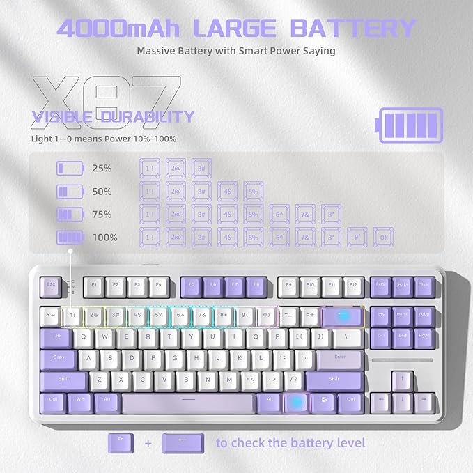 ATTACK SHARK X87 Wireless Mechanical Gaming Keyboard 87 Keys RGB Backlit Gasket Mount PC Gaming Keyboard Compact Hot-Swappable Mechanical Keyboard Sound Absorbing Pads Custom Switch(Purple White)