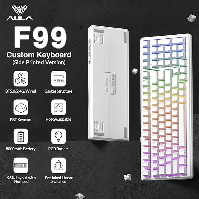 AULA F99 Wireless Mechanical KeyboardTriple-Mode(BT5.0/2.4GHz/USB-C)Gasket Mounted Creamy Keyboard with Linear Switches Side Printed PBT KeycapsRGB Backlit PC Gaming Keyboards for Win/Mac