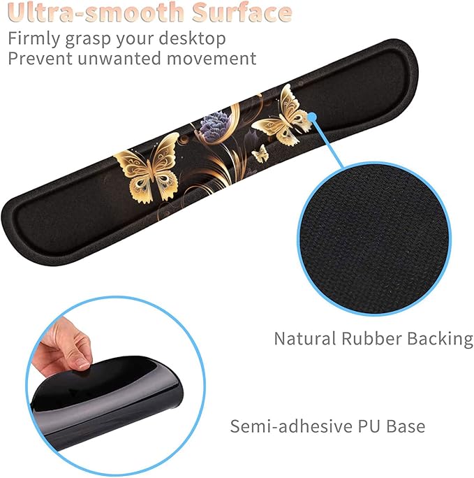 Keyboard Wrist Rest and Mouse Pad Wrist Support Set with Coffee Coaster Non-Slip PU Base for Gaming and Office Comfortable &amp Lightweight for Easy Typing &amp Pain ReliefGold Butterfly