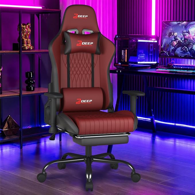 Video Game Chair with Footrest Ergonomic Comfortable Gaming Office Chair Height-Adjustable with a 360° Swivel Base and Headrest(1002-Red)