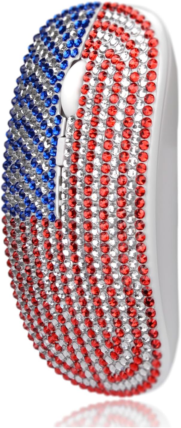 WONGS American Flag Bling Luxury Crystal Rhinestone Rechargeable 2.4G Wireless Mouse for Laptop Computer Cute USA Star Stripes Mouse for Girls - Flag White